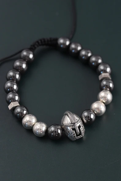 HEYF Doğal Taş Gladyatör Model Gümüş Ve Füme Renk Asansörlü Erkek Bileklik - Resim 2