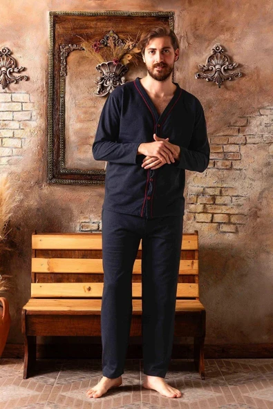 Sude Ercan Erkek Önden Düğmeli Uzun Kol İnce Pijama Takımı A301-843 - 1 Adet  Lacivert 2XL - Resim 5