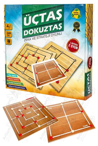 Üç Taş ve Dokuz Taş Oyunu Ahşap Tabla 1 Paket Üçtaş ve Dokuztaş Zeka ve Strateji Kutu Oyunu