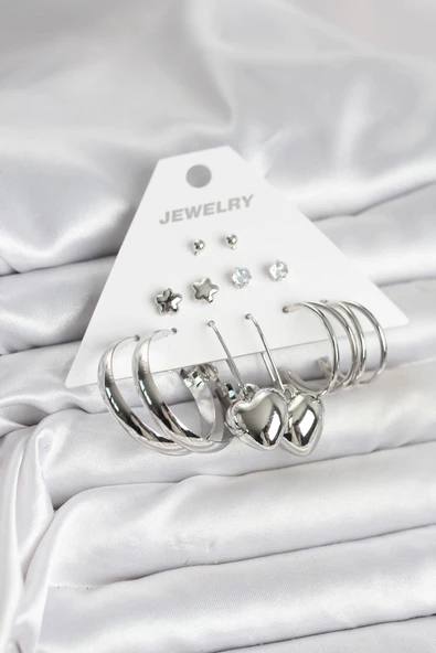 HEYF Pirinç Gümüş Renk 6 Çift Kadın Küpe Seti ürün görseli 1