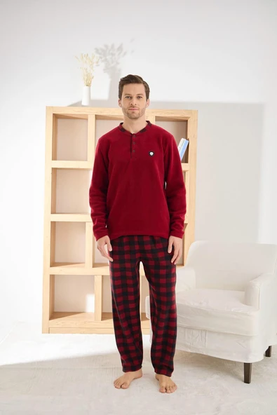 Pijamoni Erkek Düğme Yaka Kışlık Polar Pijama Takımı 6100/11,1 - 1 Adet  Bordo 2XL - Resim 3