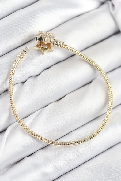 HEYF Pirinç Charm Zirkon Taşlı Yıldız Model Gold Renk Kadın Bileklik - Resim 2