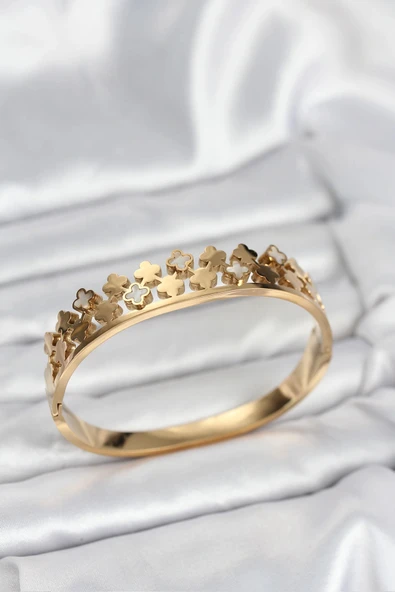 HEYF 316L Çelik Gold Renk Minimal Yoncalı Kadın Kelepçe Bileklik ürün görseli 1