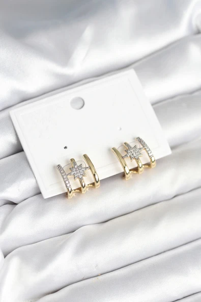 HEYF Kaburga Model Kutup Yıldızı Detaylı Gold Renk Kadın Küpe ürün görseli 1