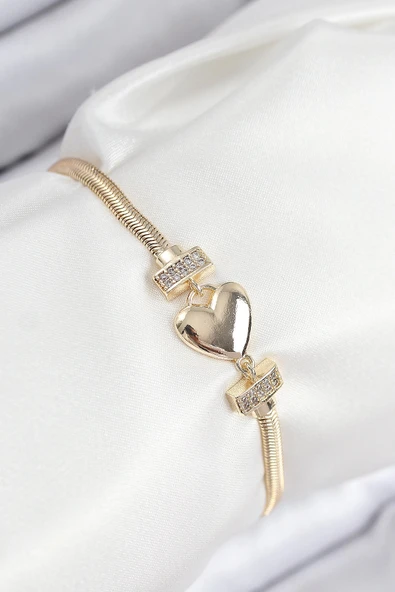 HEYF Pirinç Zirkon Taşlı Kalp Model Gold Renk Kadın Bileklik ürün görseli 1