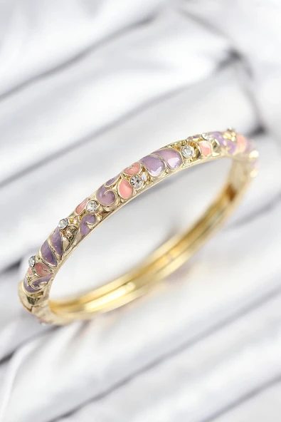 HEYF Mineli Pirinç Zirkon Taşlı Pembe Mor Çiçek Motifli Gold Kadın Kelepçe ürün görseli 1