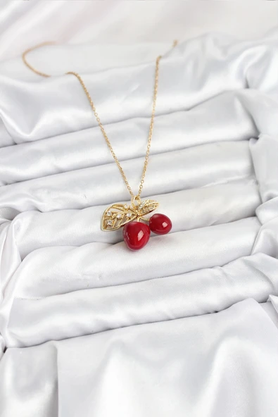 HEYF 316L Çelik Zincir Yapraklı Kiraz Model Gold Renk Kadın Kolye - Resim 2