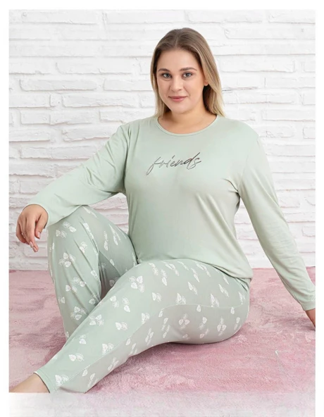 Pijamoni Kadın Milan Büyük Beden Bisiklet Yaka Uzun Kol İnce Pijama Takımı 7666/28 - 1 Adet  4XL Su Yeşil ürün görseli