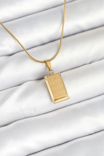 HEYF 316L Çelik Gold Renk Külçe Altın Model Kolye ürün görseli 1