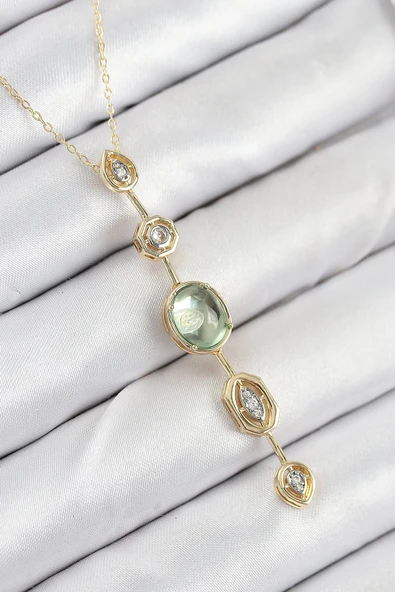 HEYF Pirinç Zincir Yeşil Gold Renk Zirkon Taşlı Y Kolye ürün görseli 1