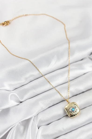 HEYF 316L Çelik Zirkon Taşlı Açılabilr Kapaklı Göz Model Gold Renk Kadın Kolye - Resim 3