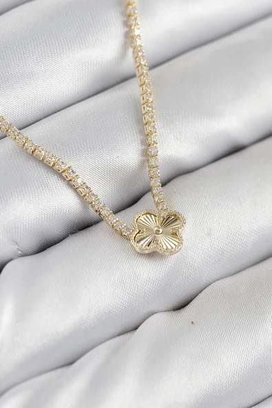 HEYF Pirinç Zirkon Taşlı Yonca Model Gold Renk Kadın Kolye ürün görseli 1