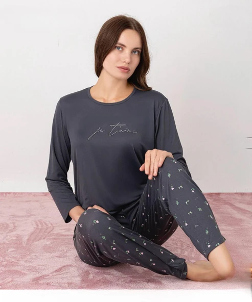 Pijamoni Kadın Milan Bisiklet Yaka Uzun Kol İnce Pijama Takımı 7600/35 - 1 Adet  XL Füme ürün görseli 1