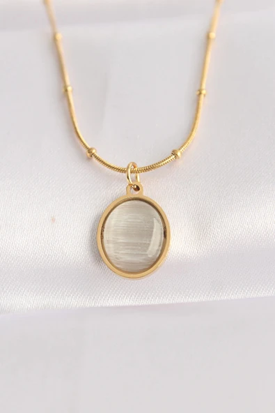 HEYF 316L Çelik Zincir Altın Renk Gri Sedefli Oval Figürlü Kolye ürün görseli 1