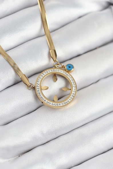 HEYF 316L Çelik Zirkon Taşlı Çeyrek Takılabilir Gold Renk Kadın Kolye ürün görseli 1