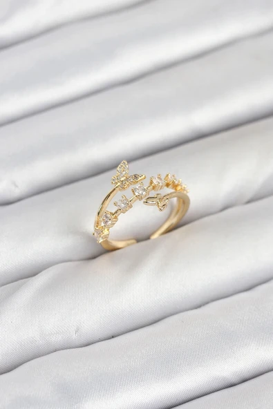 HEYF Pirinç Gold Renk Zirkon Taşlı Kelebek Model Kadın Yüzük ürün görseli 1