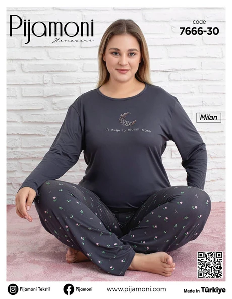 Pijamoni Kadın Milan Büyük Beden Bisiklet Yaka Uzun Kol İnce Pijama Takımı 7666/30 - 1 Adet  4XL Füme - Resim 2