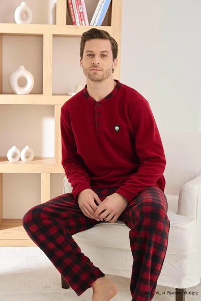 Pijamoni Erkek Düğme Yaka Kışlık Polar Pijama Takımı 6100/11,1 - 1 Adet  Bordo 2XL ürün görseli