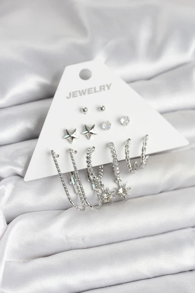 HEYF Pirinç Gümüş Renk Küpe Seti 6'lı ürün görseli 1