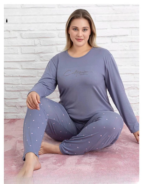 Pijamoni Kadın Milan Büyük Beden Bisiklet Yaka Uzun Kol İnce Pijama Takımı 7666/34 - 1 Adet  5XL Lila ürün görseli