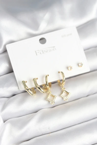 HEYF Pirinç Gold Renk 925 Ayar Gümüş Çivili Kadın Küpe Seti ürün görseli 1