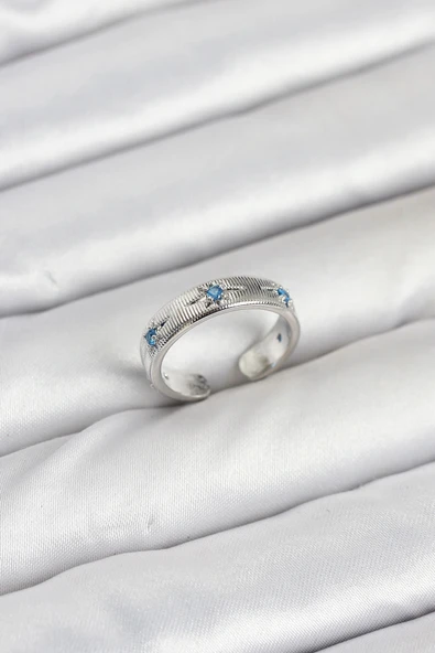 HEYF Pirinç Gümüş Renk Mavi Zirkon Taşlı Kutup Yıldızı Model Kadın Yüzük ürün görseli 1