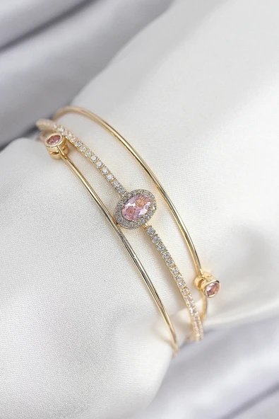 HEYF Pirinç Zirkon Taşlı Baget Model Gold Renk Kadın Bileklik ürün görseli 1