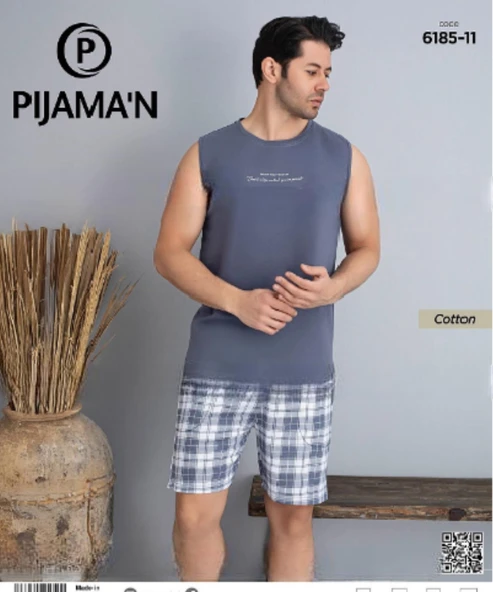Pijamoni Erkek Bisiklet Yaka Kolsuz Şortlu Pijama Takımı 6185/11 - 1 Adet  M Füme - Resim 2
