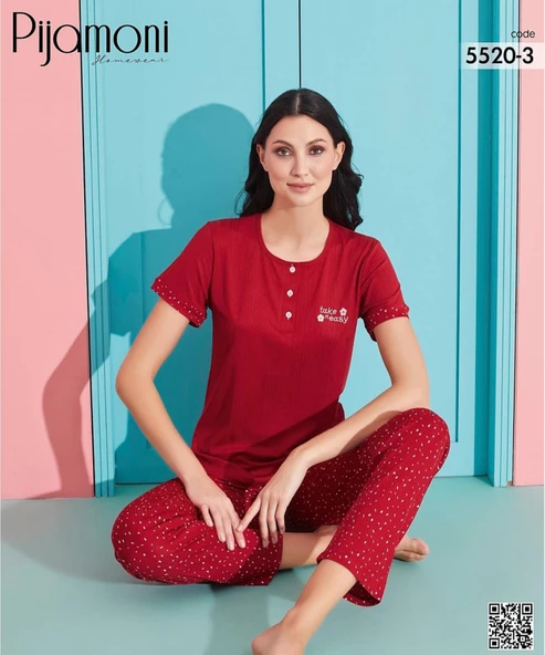 Pijamoni Kadın Viskoz Likralı Düğme Yaka Kaşkorse Patlı Kısa Kol Pijama Takımı 5520-3 / 1 Adet  2XL Kırmızı - Resim 2