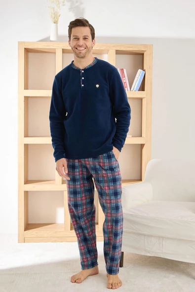 Pijamoni Erkek Düğme Yaka Kışlık Polar Pijama Takımı 6100/6,1 - 1 Adet  M Lacivert - Resim 2