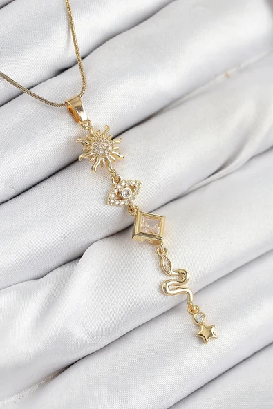 HEYF 316L Çelik Zirkon Taşlı Güneş Ve Ay Enerji Model Gold Renk Kadın Kolye ürün görseli 1