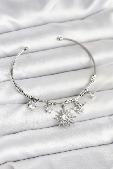 HEYF Güneş Charmlı Gümüş Renk Pirinç Kadın Bileklik ürün görseli 1