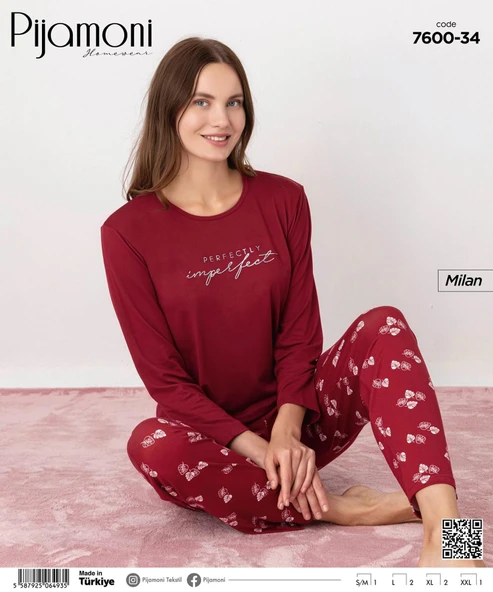 Pijamoni Kadın Milan Bisiklet Yaka Uzun Kol İnce Pijama Takımı 7600/34 - 1 Adet  XL Kırmızı - Resim 2