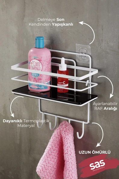 4 Kancalı Yapışkanlı Ayarlanabilir Banyo Duş Rafı – Paslanmaz Kristal Şampuanlık (Yapıştır/Vidala) Beyaz-Siyah - LŞ-01 - BSBK - Resim 2