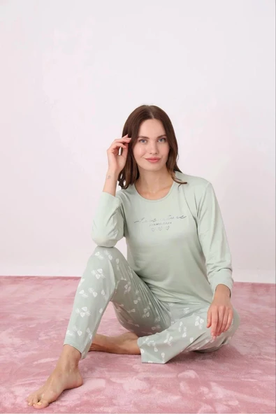 Pijamoni Kadın Milan Bisiklet Yaka Uzun Kol İnce Pijama Takımı 7600/33 - 1 Adet  L Su Yeşil ürün görseli 1