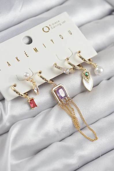 HEYF Pirinç Zirkon Taşlı Sallantılı Ve İncili Gold Renk 6'lı Küpe Set ürün görseli 1