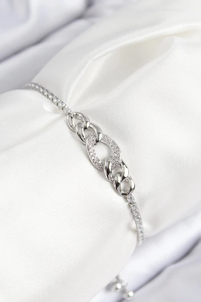 HEYF Pirinç Zirkon Taşlı Zincir Model Gümüş Renk Asansörlü Kadın Bileklik ürün görseli 1