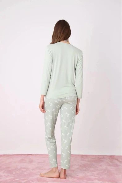 Pijamoni Kadın Milan Bisiklet Yaka Uzun Kol İnce Pijama Takımı 7600/33 - 1 Adet  S - M Su Yeşil - Resim 4