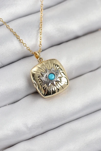 HEYF 316L Çelik Zirkon Taşlı Açılabilr Kapaklı Göz Model Gold Renk Kadın Kolye ürün görseli 1