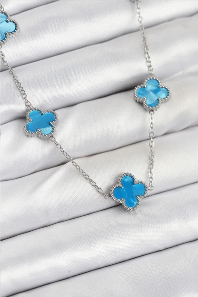 HEYF 316L Çelik Zincir Gümüş Buz Mavisi Renk Yonca Kadın Kolye ürün görseli 1