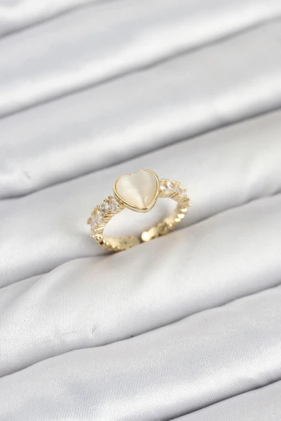 HEYF Pirinç Gold Renk Zirkon Taşlı Kalpli Kadın Yüzük ürün görseli 1