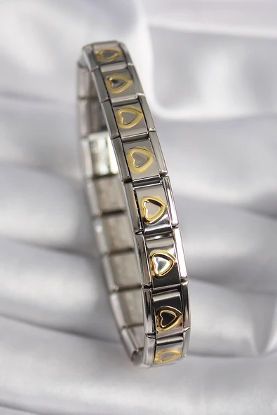 HEYF 316L Çelik Gümüş Renk Gold Kalp İşleme Nomination Model Kadın Bileklik ürün görseli 1