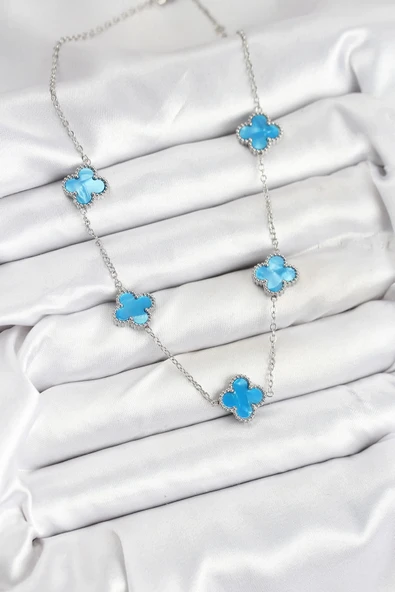 HEYF 316L Çelik Zincir Gümüş Buz Mavisi Renk Yonca Kadın Kolye - Resim 2