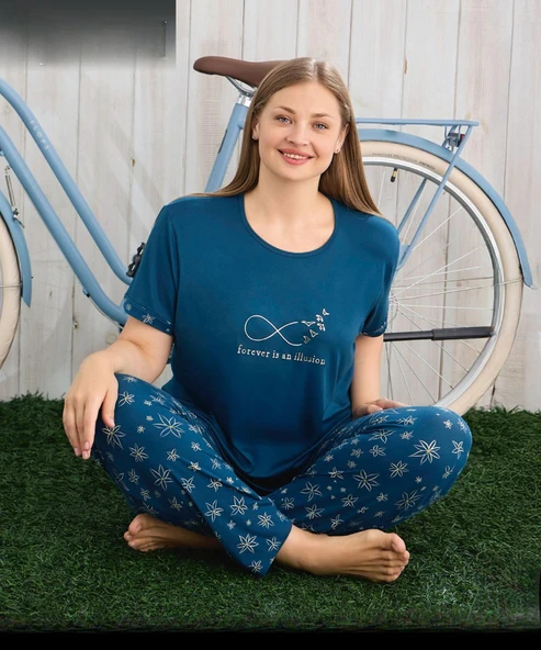 Pijamoni Kadın Milan Büyük Beden Bisiklet Yaka Kısa Kol İnce Pijama Takımı 7665/16 - 1 Adet  3XL Petrol ürün görseli