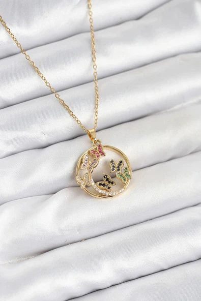 HEYF 316L Çelik Zincir Gold Renk Zirkon Taşlı Kelebekli Kadın Kolye ürün görseli 1