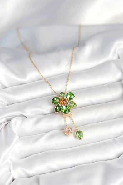 HEYF 316L Çelik Zincir Gold Renk Çiçek Model Sallantılı Kadın Kolye - Resim 2