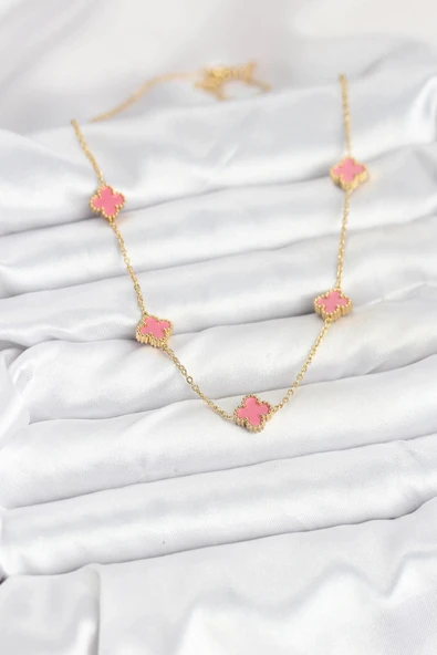 HEYF 316L Çelik Zincir Gold Renk Pembe Baby Boy Yonca Kadın Kolye - Resim 2