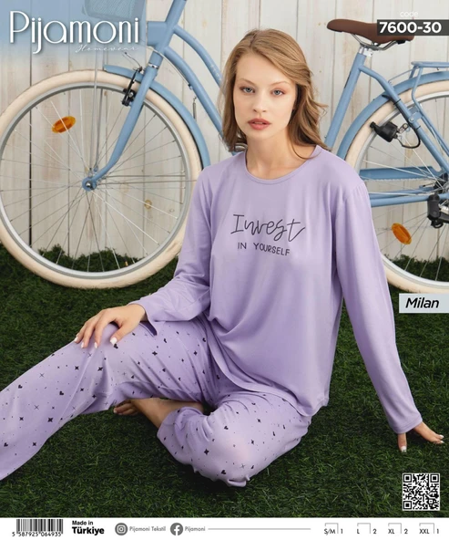 Pijamoni Kadın Milan Bisiklet Yaka Uzun Kol İnce Pijama Takımı 7600/30 - 1 Adet  S - M Lila - Resim 2