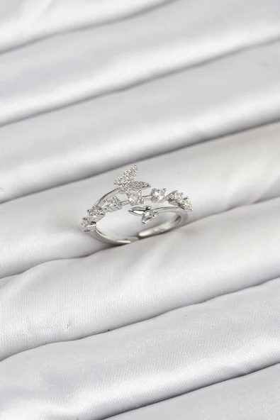 HEYF Pirinç Gümüş Renk Zirkon Taşlı Kelebek Model Kadın Yüzük ürün görseli 1