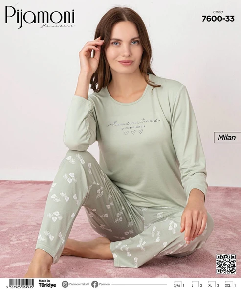 Pijamoni Kadın Milan Bisiklet Yaka Uzun Kol İnce Pijama Takımı 7600/33 - 1 Adet  L Su Yeşil - Resim 2